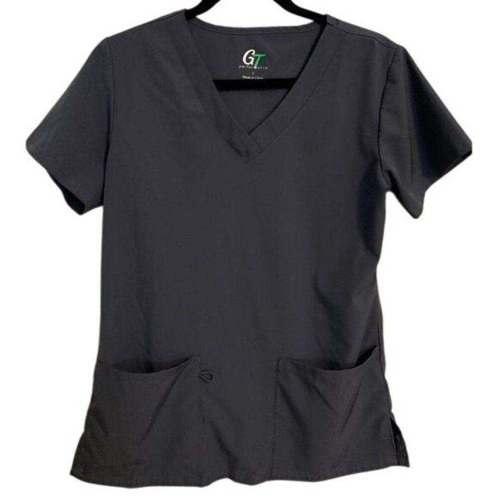 Gt Performance Womens Black Scrub Top S Short Sleeve V-Neck 2 Pockets 93% Polyes
